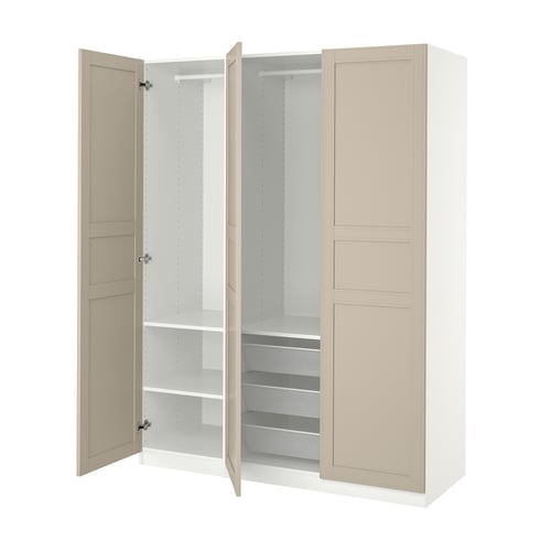 White ikea PAX wardrobe with beige doors, open showing wire shelves and mesh baskets.