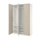 PAX wardrobe: light beige, tall, rectangular; open doors revealing shelves and rail.