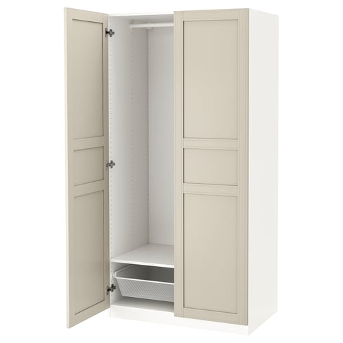 An open PAX wardrobe in white and beige with interior organisers.