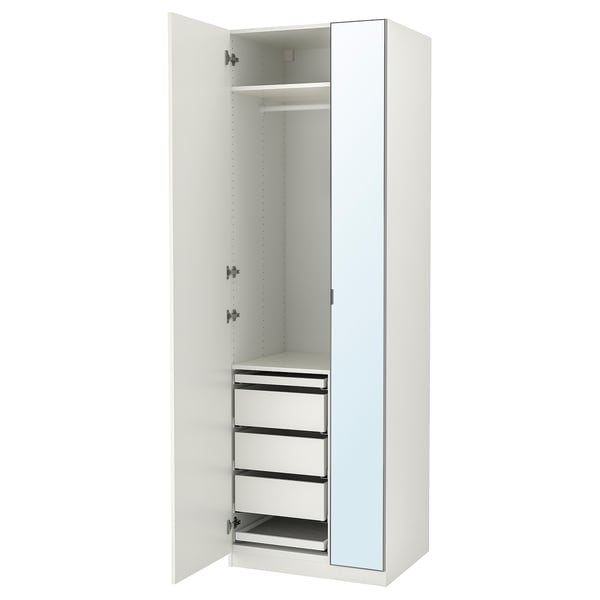 White PAX wardrobe with mirrored doors, slim design, pull-out trays, and drawers.