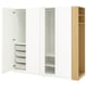 Three open wardrobe sections: left has white drawers, middle has shelves, right is wooden with hangers.