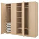 Light wood PAX wardrobe with shelves, hanging rails, and mesh baskets.