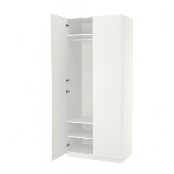 Open white PAX wardrobe. Two doors, hanging rail, shelves inside.