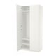 Open white PAX wardrobe. Two doors, hanging rail, shelves inside.