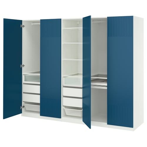 A blue PAX wardrobe with open doors, revealing shelves and drawers, combining functionality with a sleek design.
