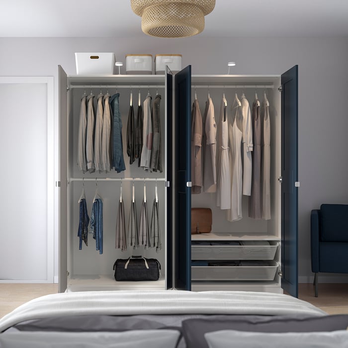 PAX / GRIMO/VIKEDAL Wardrobe combination, white/dark blue mirror glass