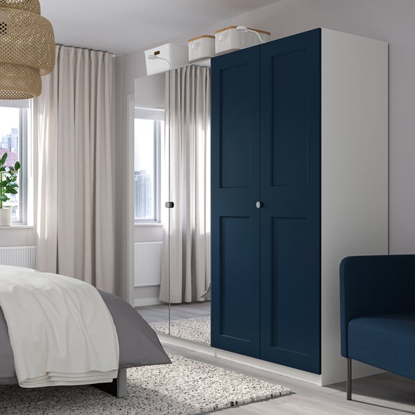 PAX / GRIMO/VIKEDAL Wardrobe combination, white/dark blue mirror glass