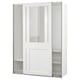 White PAX wardrobe with glass doors, sliding design, has adjustable feet.