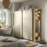PAX / HASVIK Wardrobe with sliding doors, grey-beige grey-beige/oak effect, 220x66x201 cm