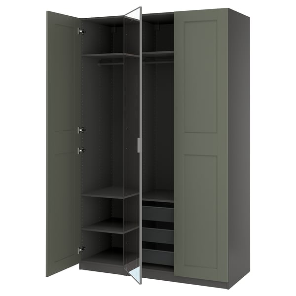 Dark green PAX wardrobe with mirrored doors. Tall & rectangular, has shelves & railings inside.