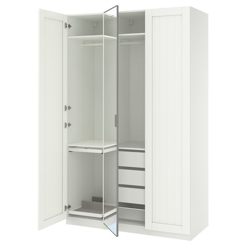 A white PAX wardrobe with mirrored doors and adjustable shelves.