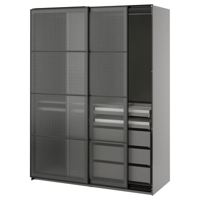 PAX / LUNDBRÄSMA Wardrobe with sliding doors, dark grey black/checkered glass, 150x66x201 cm