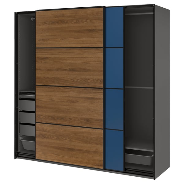 PAX / MEHAMN/AULI Wardrobe with sliding doors, dark grey black/double sided walnut, 200x66x201 cm