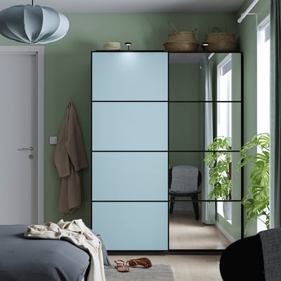 PAX / MEHAMN/AULI Wardrobe with sliding doors, dark grey double sided/light blue mirror glass, 150x43x201 cm