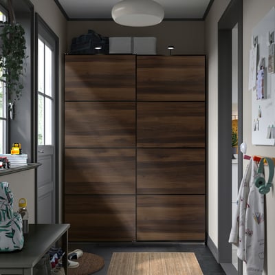 PAX / MEHAMN Wardrobe with sliding doors, dark grey black/double sided dark brown oak effect, 150x43x201 cm
