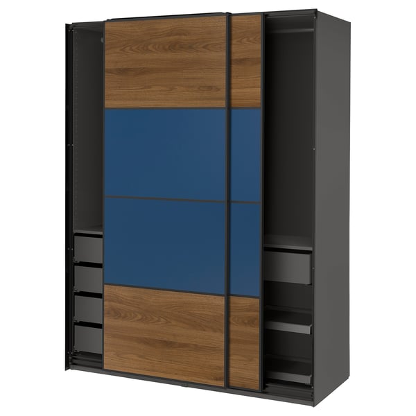 PAX / MEHAMN Wardrobe with sliding doors, dark grey black/walnut blue, 150x66x201 cm