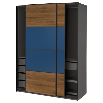 PAX / MEHAMN Wardrobe with sliding doors, dark grey black/walnut blue, 150x66x201 cm
