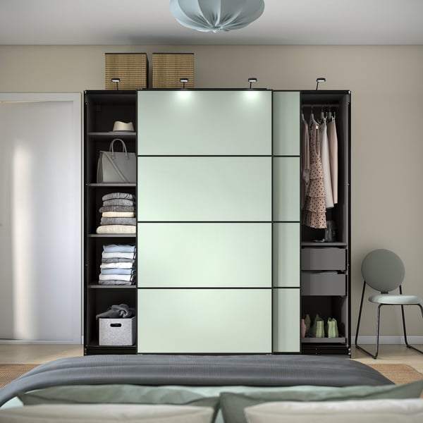 PAX / MEHAMN Wardrobe with sliding doors, dark grey/double sided light green, 200x66x201 cm