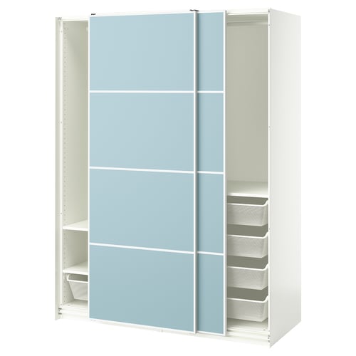 This image shows an ikea PAX wardrobe in white and light blue with sliding doors and mesh drawers.