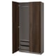 Dark wood-finished PAX wardrobe open, featuring shelves and hanging space.