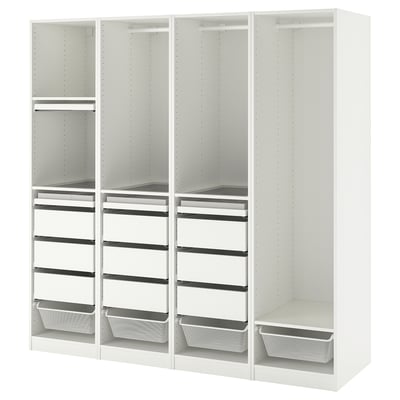 An ikea PAX white wardrobe, featuring both shelves and drawers for storage.