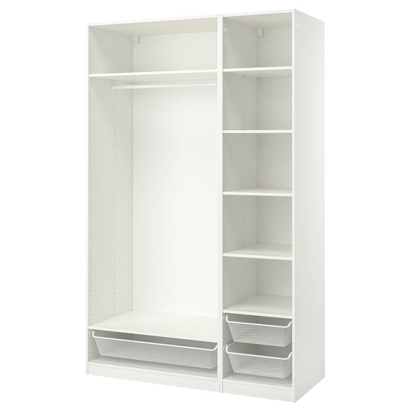 A white PAX wardrobe with shelves and mesh baskets.