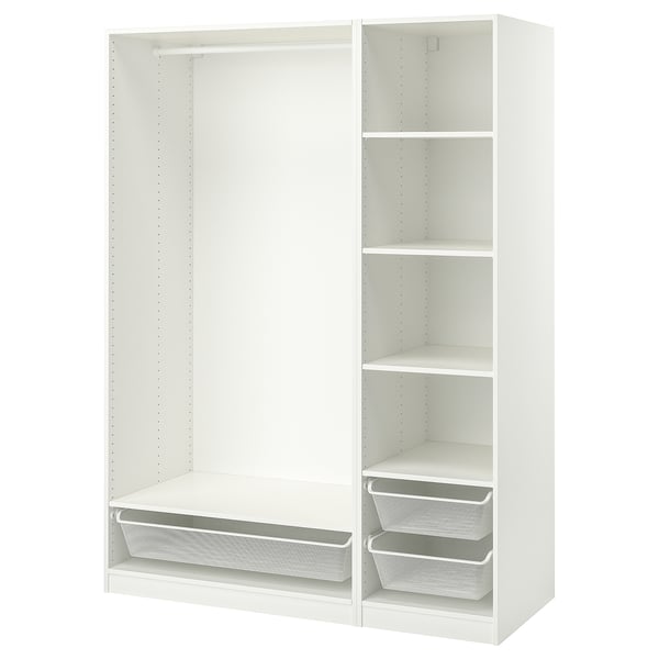 A white PAX wardrobe system with an open closet and shelves, including mesh storage baskets.