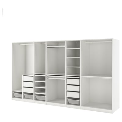 White PAX wardrobe system with shelves, drawers, hangers, and adjustable feet.