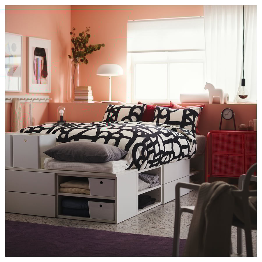 PLATSA White, bed frame with FONNES drawers, 142x244x43 cm IKEA