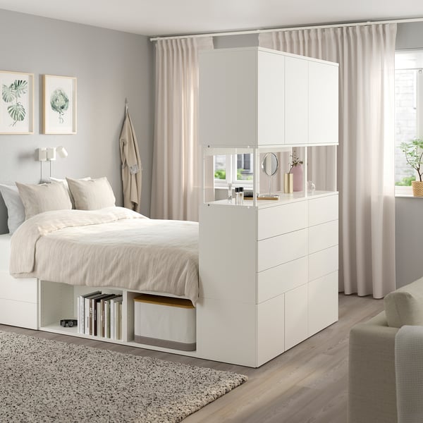 PLATSA Bed frame with 6 doors+12 drawers, white/Fonnes, 140x244x203 cm