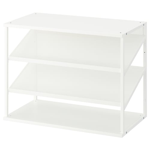 White PLATSA shoe storage unit, open, 3-tier, metal frame and shelves.