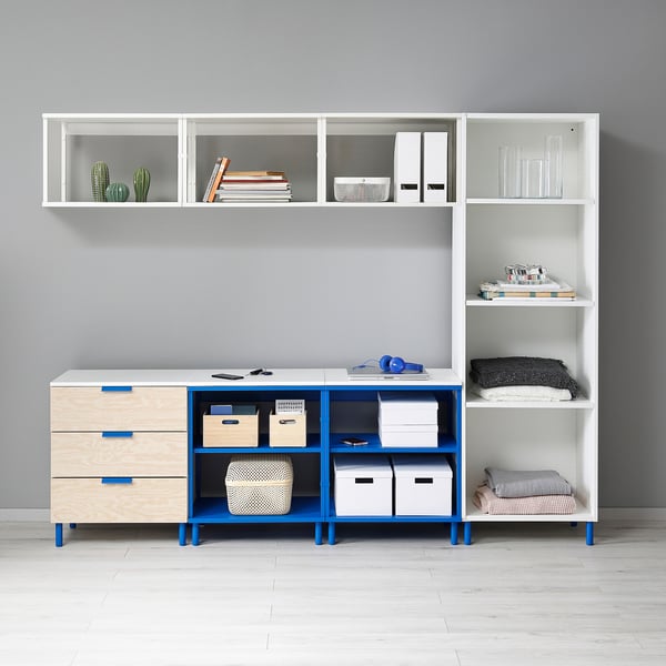 PLATSA Open stor comb with 1 door/3 drawer, white Kalbåden/blue, 240x42x191 cm