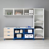 PLATSA Open stor comb with 1 door/3 drawer, white Kalbåden/blue, 240x42x191 cm