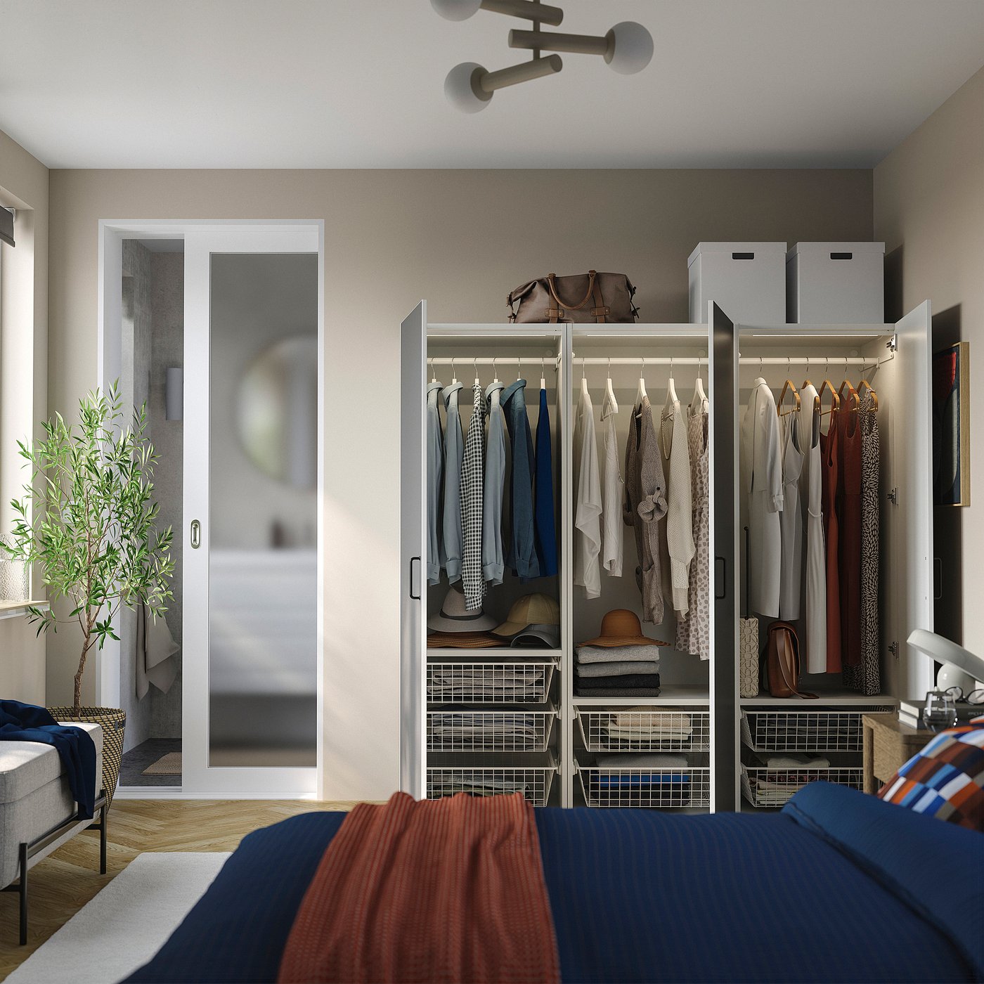 PLATSA wardrobe with 3 doors, white/SKATVAL dark grey, 180x57x181