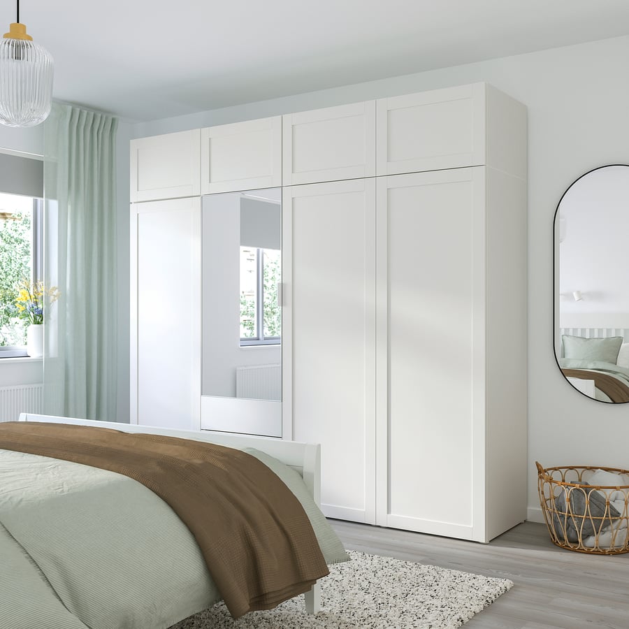 PLATSA wardrobe with 8 doors+3 drawers, white STRAUMEN mirror glass /SANNIDAL white, 240x57x221