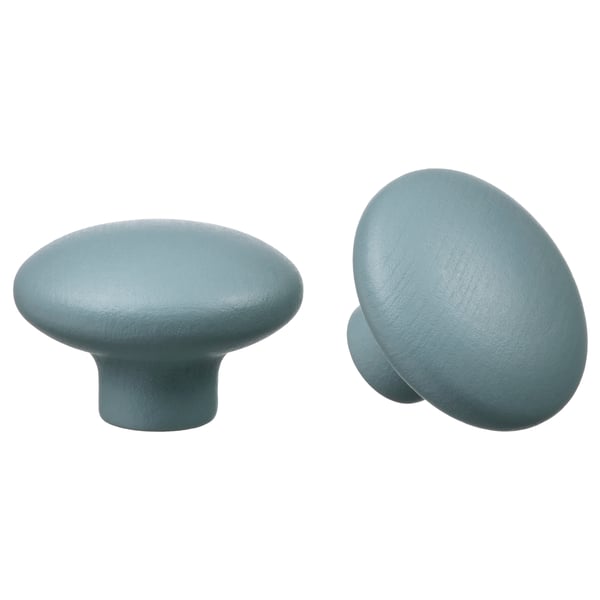 Two round, blue-grey wooden knobs with smooth surfaces, ideal for cabinet handles, designed with a flat base.