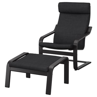 Black ikea POÄNG chair & footstool with dark fabric and wooden frame.