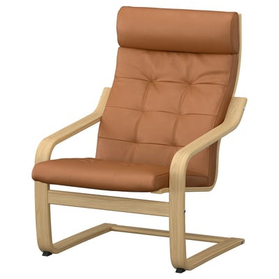 POÄNG armchair in brown leather, wooden frame, comfy & high back, curved lines.