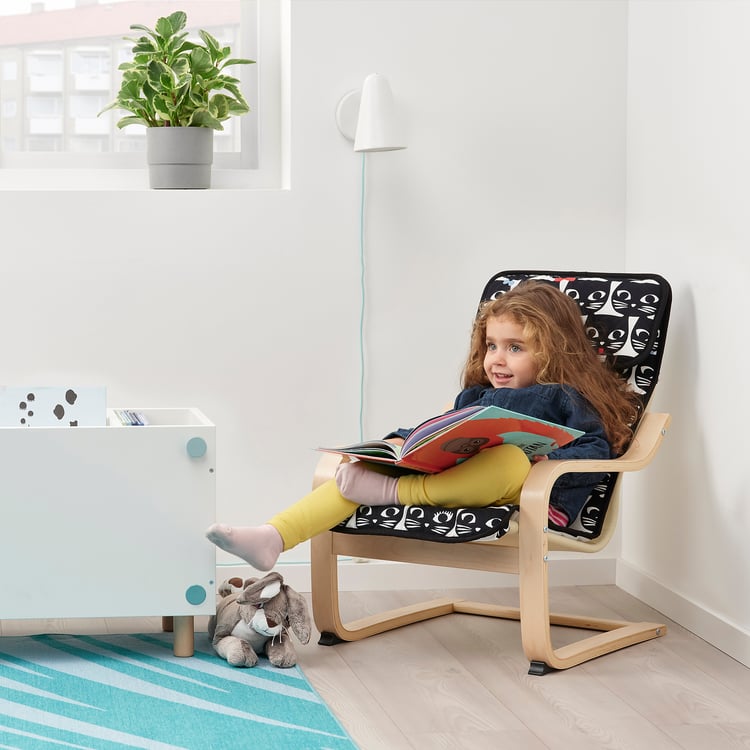 POÄNG children's armchair, birch veneer/Gisslarp cat pattern - IKEA