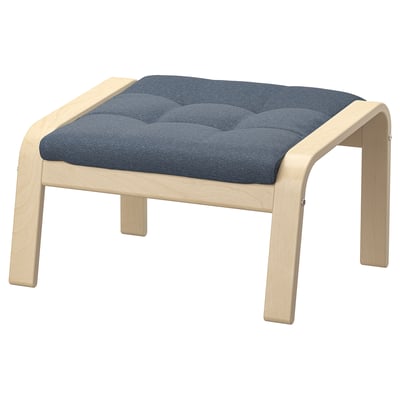 POÄNG blue cushion footstool. Cushioned seat on curved wood frame. Comfortable and relaxed design.