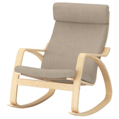 A light brown POÄNG rocking chair with a curved frame and padded seat and backrest, offering a comfortable and simple design.