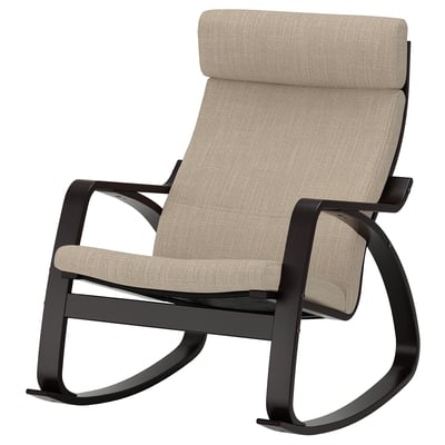 Poang rocking chair, beige fabric, back and seat cushions, black bentwood frame, curved design.