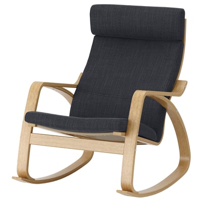 Modern dark grey fabric rocking chair with light wood frame and high back.