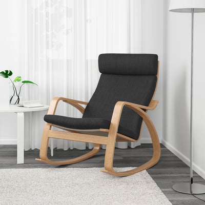 Modern rocking chair with black cushion and wooden frame.
