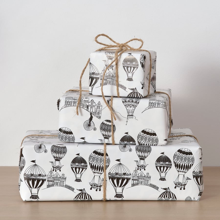PURKEN Gift wrap roll, balloon pattern/white black, 3.0x0.7 m IKEA