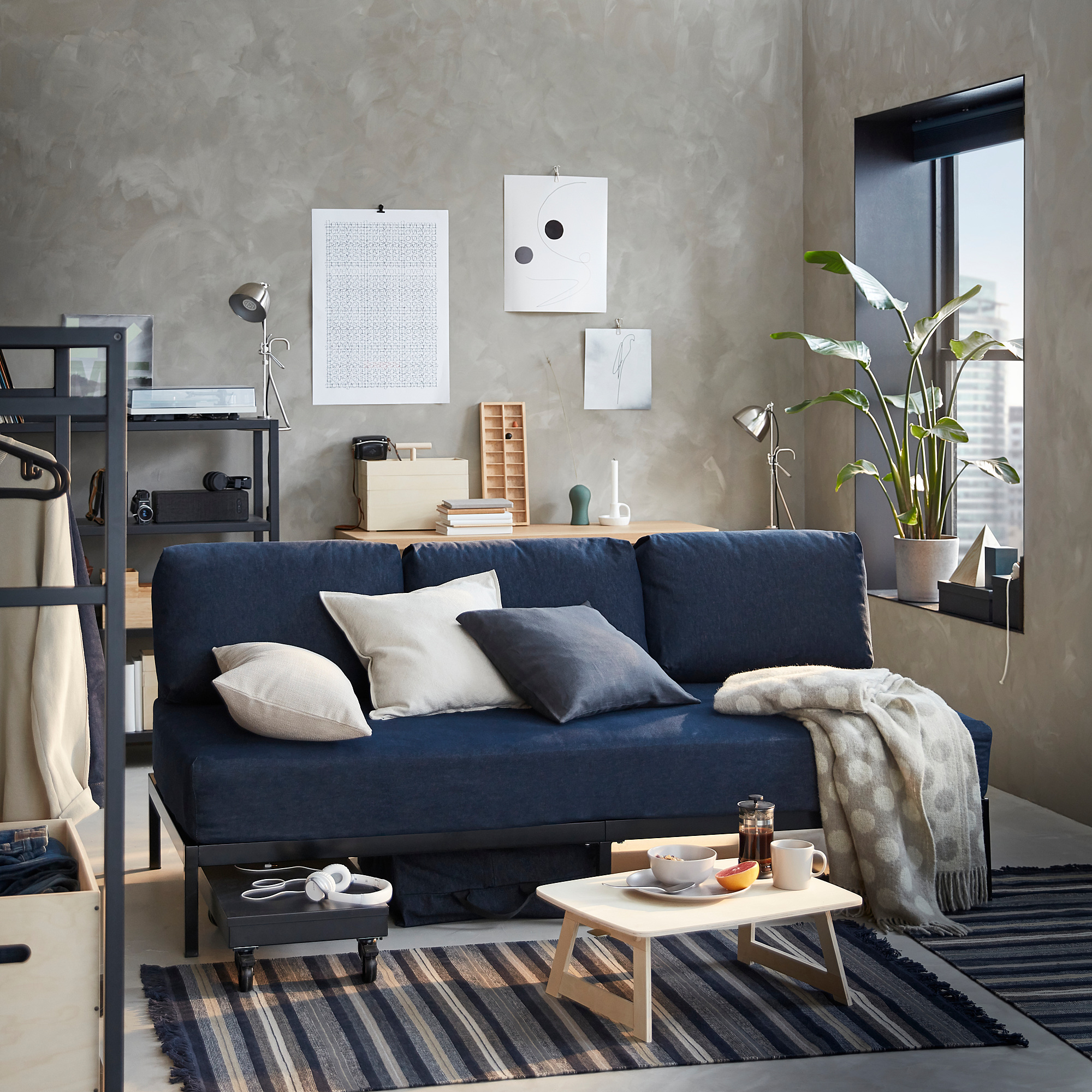 RÅVAROR Day-bed with 2 mattresses - dark blue/Moshult firm - IKEA