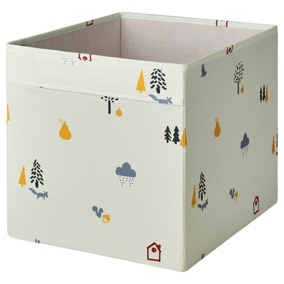 A REGNBROMS storage box, white with forest-themed designs, made of polyester, featuring a soft texture, square shape, and a zip for closure.