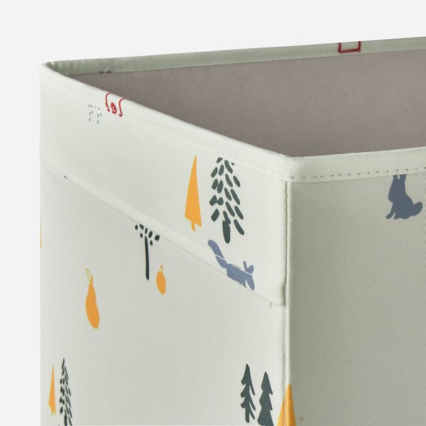 Decorative storage box with vibrant forest print, sturdy construction, and soft fabric for kallax shelves.