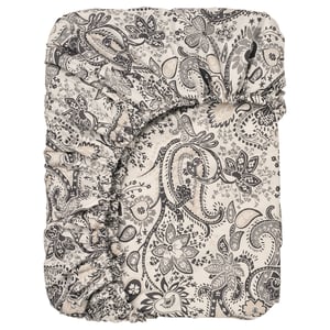 A RODGERSIA fitted sheet, cream with grey paisley pattern, made from cotton and viscose, rectangular with elastic edges.