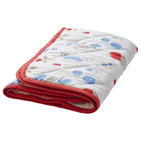 RÖDHAKE Quilted blanket rabbits/blueberries pattern, white/red IKEA